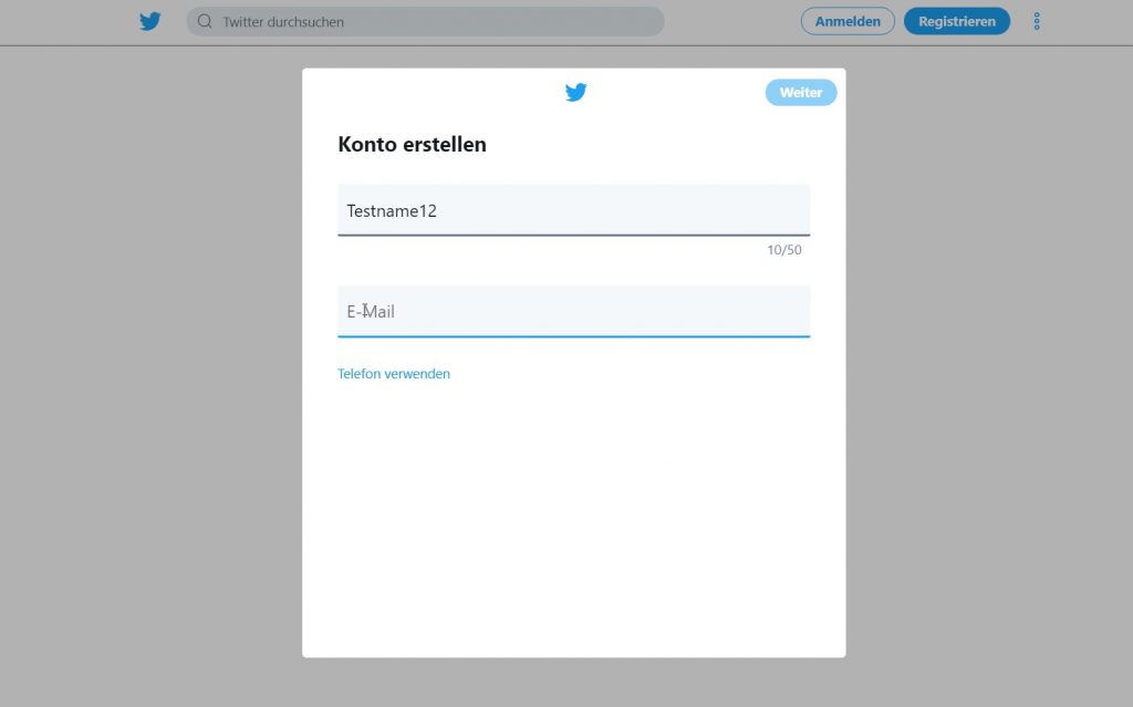 Screenshot während der Twitter-Registrierung: Konto erstellen